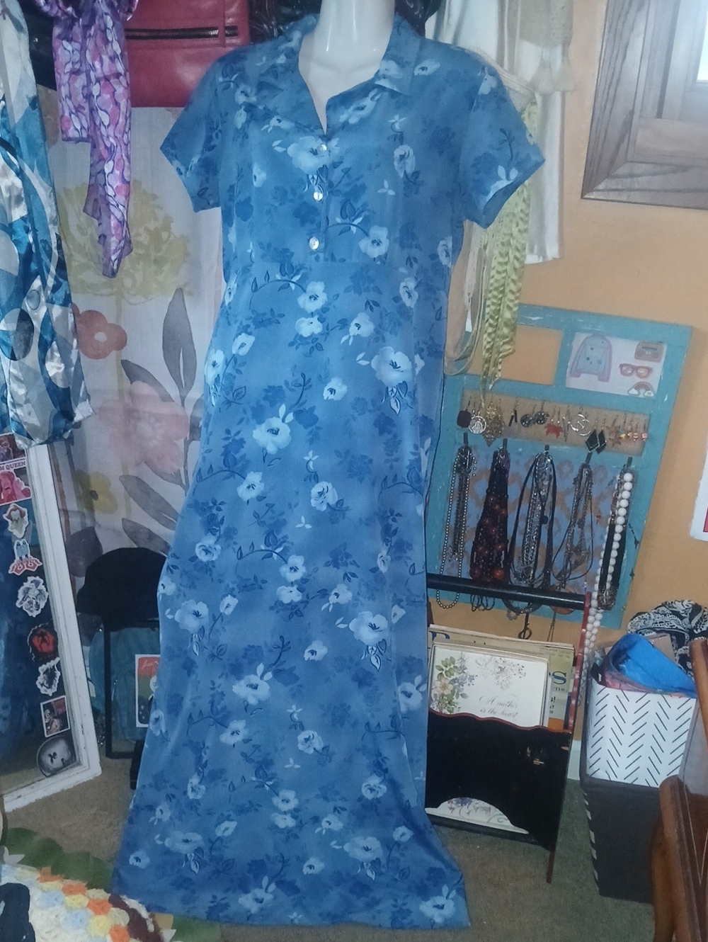 90s Vintage Jody California Blue Floral Short-Sleeve Maxi Dress